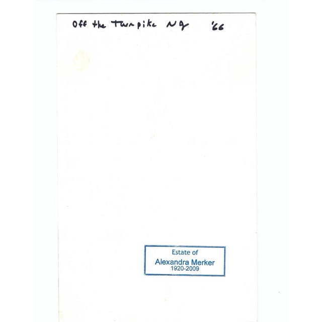 Alexandra Merker (1920-2009) MCM landscape painting on glossy heavy paper. Signed lower right. Inscribed "Off the Turnpike...