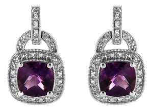 .925 Sterling Silver 8MM Natural Cushion Shaped Amethyst and Diamond Accent Halo with Push Back Dangle Earrings