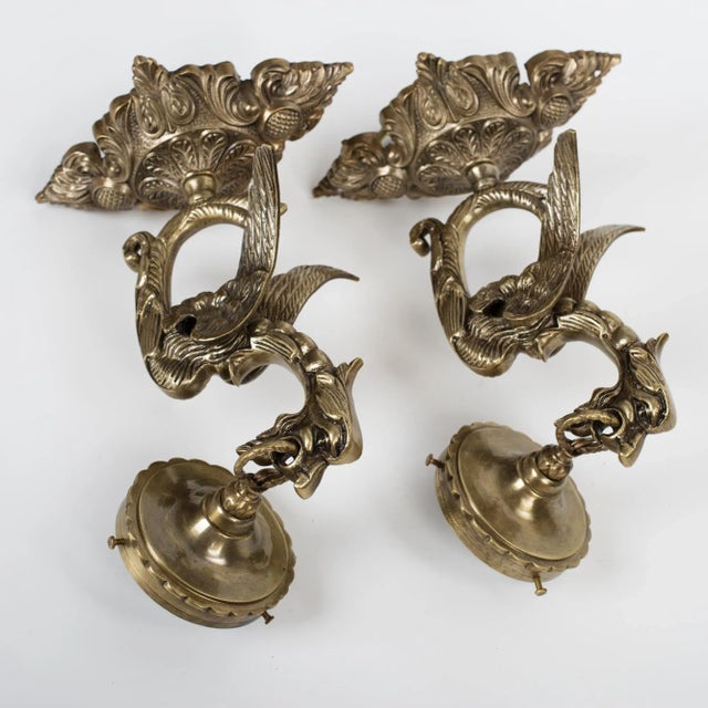 Metal 1950s Spanish Gothic Revival Brass Dragon Wall Sconces With Opal Glass Shades - A Pair For Sale - Image 7 of 9