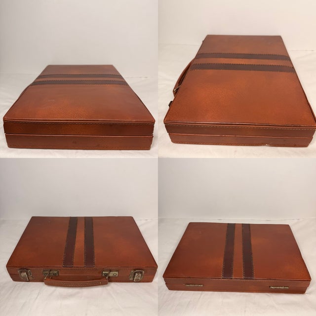 Plastic Vintage Backgammon Set Brown Faux Leather Travel Case Complete Game Dice MCM 70s Mid Century Modern Retro For Sale - Image 7 of 14
