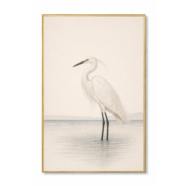 Graceful coastal artwork featuring a white egret standing in shallow water, rendered with soft, flowing feather detail and...