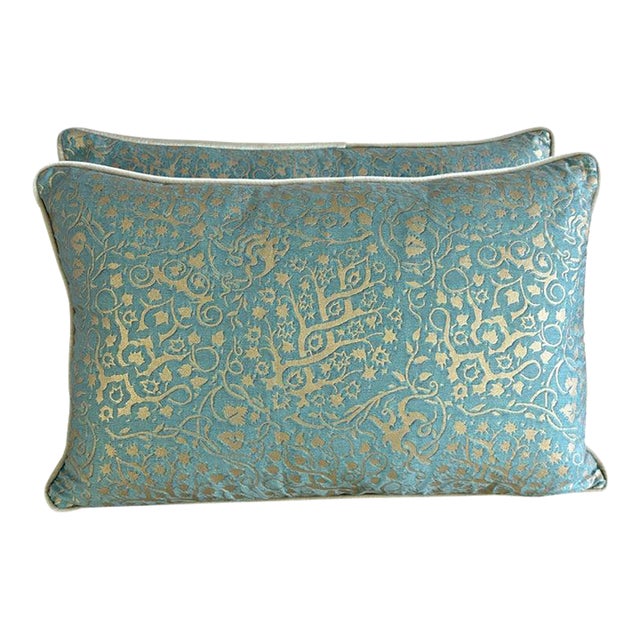 Pair of Venetian Aqua and Gold Fortuny Textile Lumbar Pillows For Sale