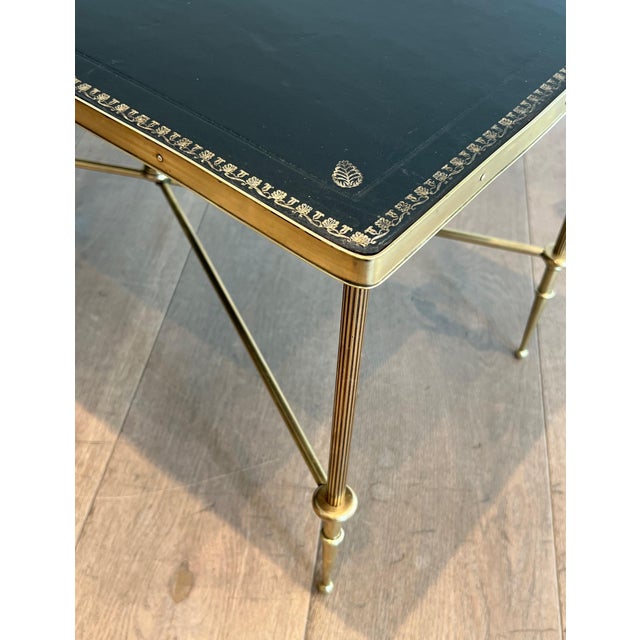1940s Neoclassical style brass coffee table with black leather top Attributed to Maison Jansen For Sale - Image 9 of 12