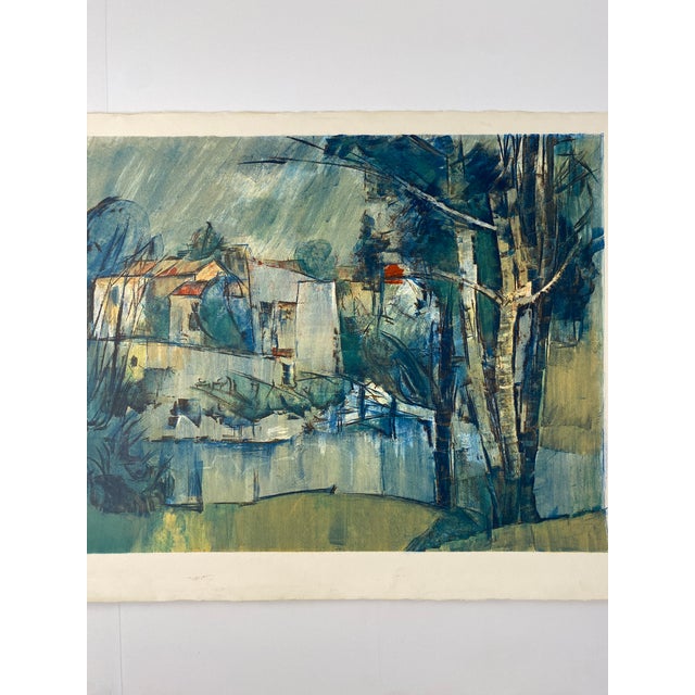 French Provincial Modern Abstract Landscape Print, Blue Green Trees, Houses and Water For Sale - Image 3 of 7