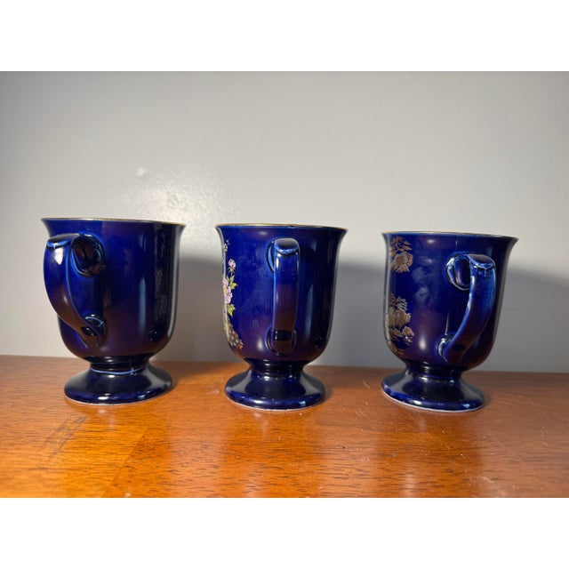 1990s Vintage Blue Oriental Peacock & Crane Coffee Tea Mugs Set of 3 Japan Style For Sale - Image 5 of 15