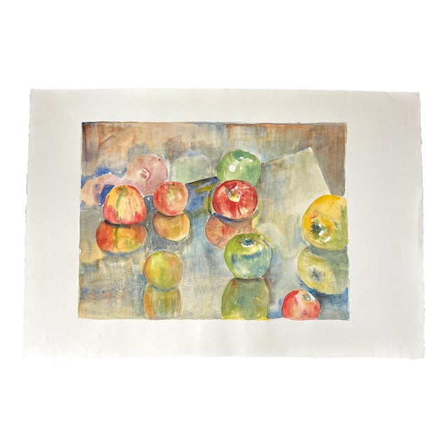 1980’s Original Impressionist Stacks of Apples Still Life Watercolor Painting For Sale