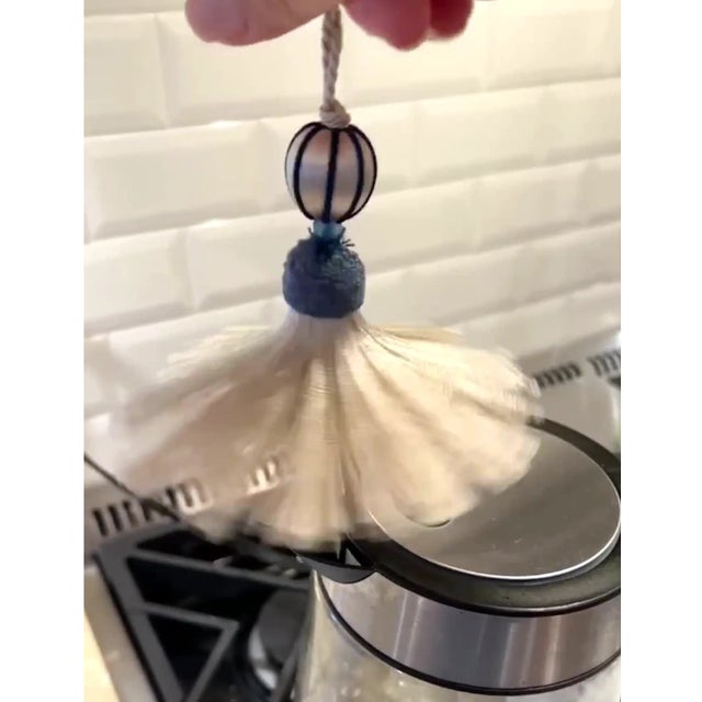 Petite Blue and White Beaded Key Tassel With Velvet Ruche For Sale - Image 4 of 15