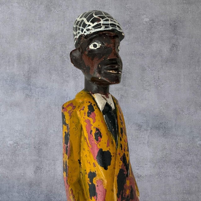 Vintage African Carved Wood Colon Statue Figure Gentleman Suit Painted 17 In For Sale - Image 4 of 10