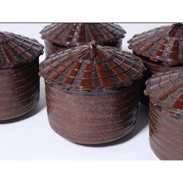 Early 20th Century Meiji Japanese Bamboo Basket Soup Rice Bowls Lids Box Lacquer- Set of 5 For Sale - Image 13 of 15