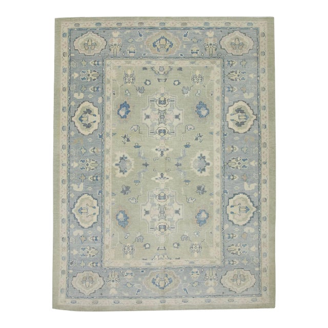 Early 21st Century Green & Blue Floral Design Handwoven Wool Turkish Oushak Rug 6'2" X 8'2" For Sale