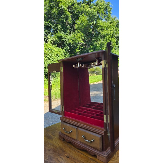 1930s Vintage Wooden Jewelry Armoire With Etched Glass Doors & Red Velvet Lined Interior For Sale - Image 5 of 16