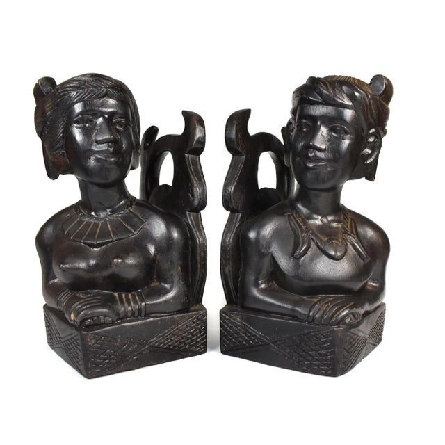 Vintage Early 20th Century Hand Carved Hardwood Pacific Islands Igorot Tribal Man & Woman Bust Bookends - Set of 2 For Sale - Image 13 of 13
