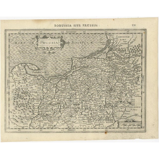 : Antique map titled 'Prussia'. Original map of Prussia, a historically prominent German state that originated in 1525...