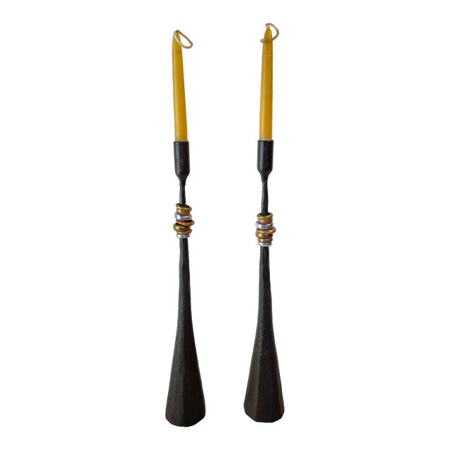 Pair Rustic Forged Iron Candlestick Holders With Mixed Metal Rings Luis Marquez Sekoya Originals For Sale