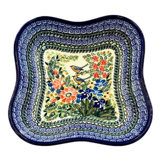 'Polish Pottery' Unikat ’Songs From My Garden” Special Edition Squarish Wavy Bowl With Coa by Ceramika Artystyczna Company For Sale