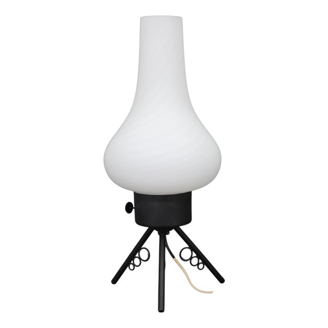 Mid-Century Modern Table Lamp with Sculptural Glass Shade and Metal Tripod, 1960s For Sale