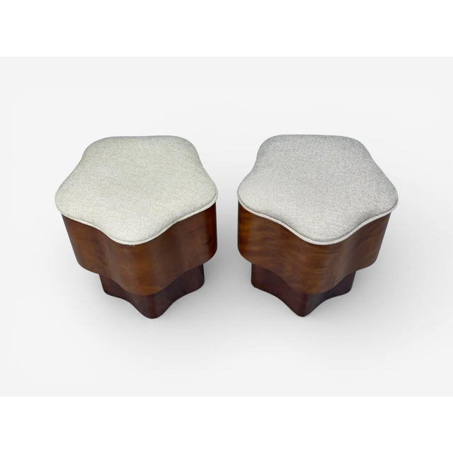 Art Deco Style, Star Motif Footstools, Burlwood, Beige Linen, 21st C. For Sale - Image 9 of 10