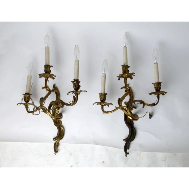 1940s Baroque Bronze 3-Arm Electrified Sconces, A Pair For Sale - Image 5 of 5