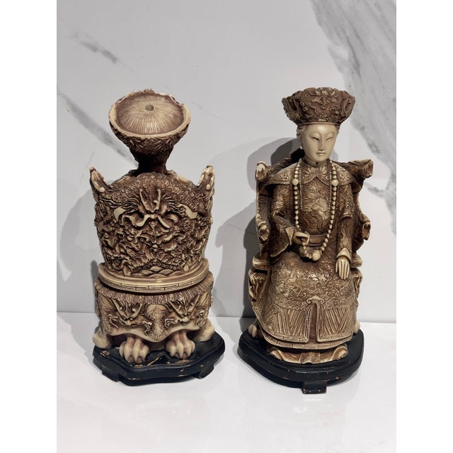 Pair of Antique Chinese Emperor & Two Empress Carved Oriental Figurines - For Sale - Image 12 of 12