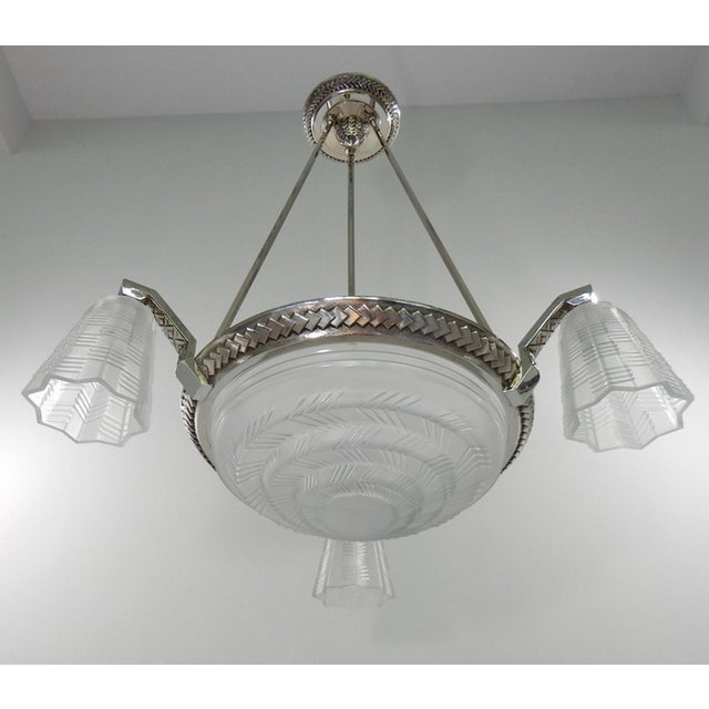Art Deco Petitot French Art Deco Chandelier 1930s - Stepped Chevron Geometric Glass For Sale - Image 3 of 10
