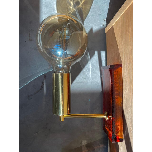 Metal Vintage Amber Glass Wall Lamps, Denmark, 1970s, Set of 2 For Sale - Image 7 of 9