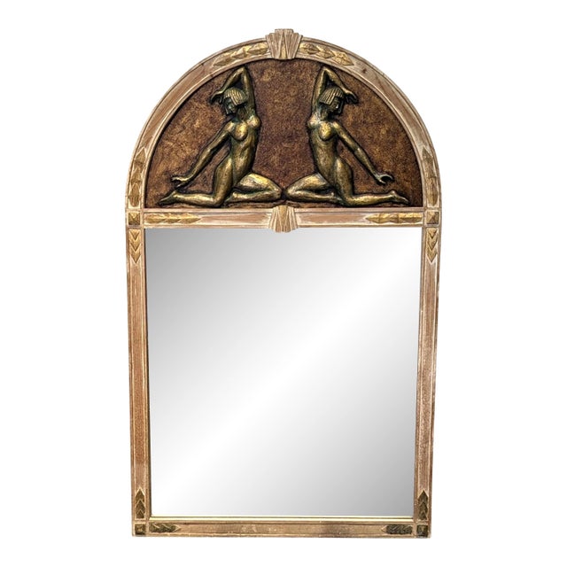 French Art Deco Oak Figural Trumeau Mantel Mirror For Sale