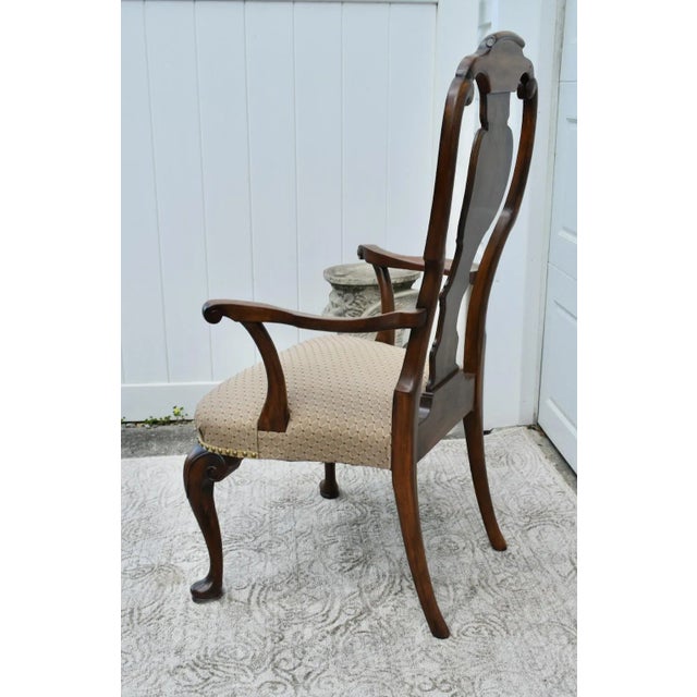 Walnut Queen Anne Armchair Desk Dining Chair Brass Stud Accents Vintage 1960s For Sale - Image 9 of 12