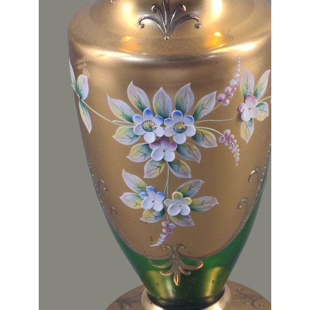 Hollywood Regency Vintage Bohemian Heavily Gilded High Enamel Floral Green Crystal Art Glass Vase For Sale - Image 3 of 11