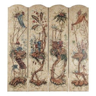 Four-Panel Scalloped Folding Screen with Painted Chinoiserie Motifs For Sale