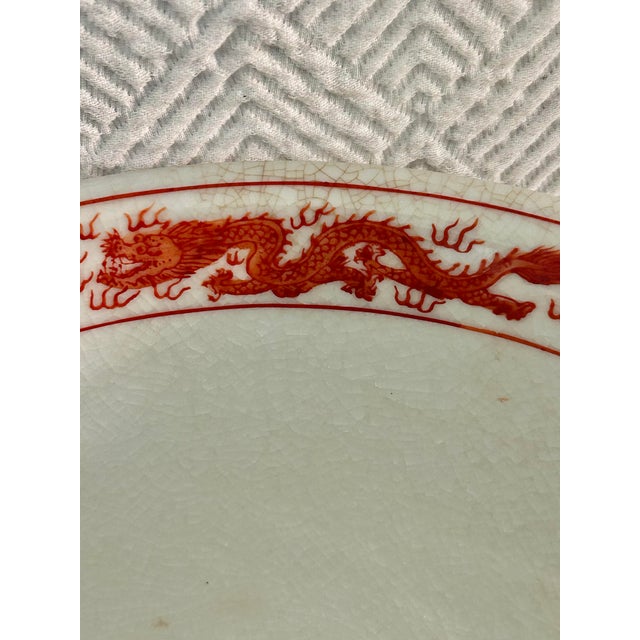 Vintage 10” Hand-Painted Porcelain Lotus & Dragon Centerpiece Bowl With Ming Style Wood Stand For Sale - Image 9 of 11