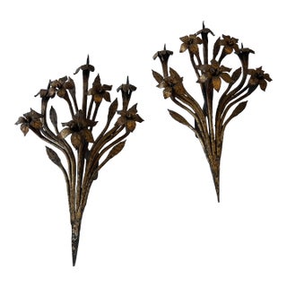 Antique Cold Gilded Candle Prick Floral Wall Sconces- A Pair For Sale