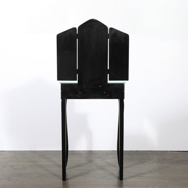 Art Deco Hollywood Mirrored Trifold Ebonized Cabriole Leg Vanity W/ Glass Pulls For Sale - Image 14 of 18