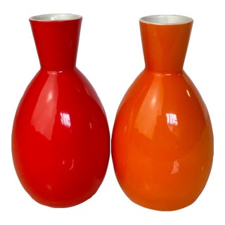 Pair Vintage Omc Japan Ceramic Sake Bottles, Red & Orange For Sale