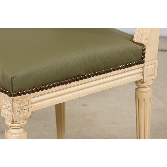Antique French Louis XVI Style Painted Dining Chairs in Olive Green Leather - Set of 8 For Sale - Image 15 of 18