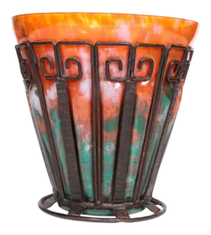 French Art Deco Hand-Hammered Iron and Glass Vase Signed Lorrain