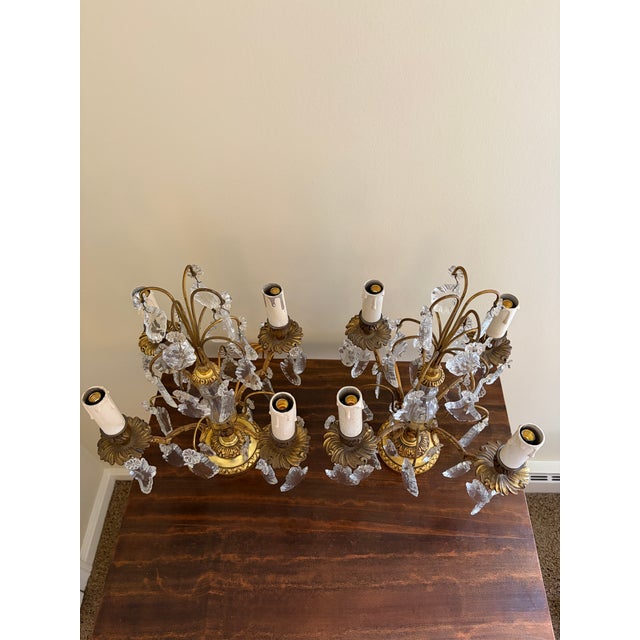 Antique French Dore Bronze & Crystal Girandole Candelabra Lamps - a Pair For Sale - Image 4 of 13