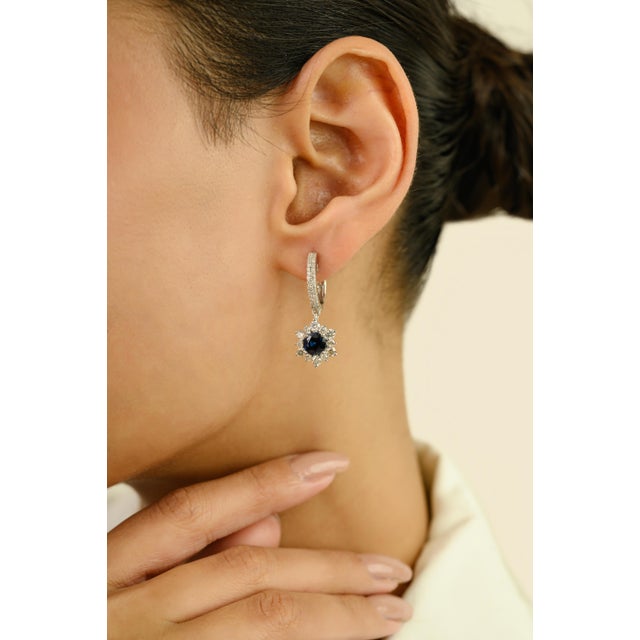 Not Yet Made - Made To Order 14k White Gold Diamond Cluster Flower Sapphire Drop Earrings for Her- 2 Pieces For Sale - Image 5 of 12