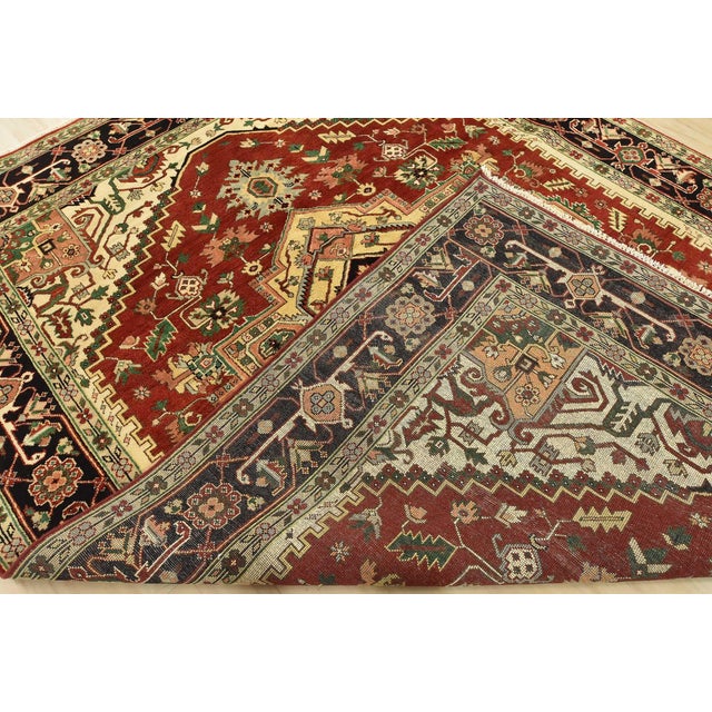 Heriz Rug 9′ X 11’10” Red Wool Tribal Hand-Knotted Oriental Carpet For Sale - Image 14 of 15