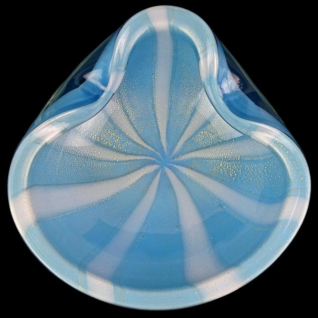Beautiful vintage Murano hand blown sky blue, white stripes and gold flecks Italian art glass decorative bowl. Documented...