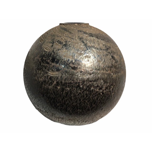 Postmodern Vintage Metallic Black Iridescent Toned Italian Textured Glass Vase For Sale - Image 3 of 9