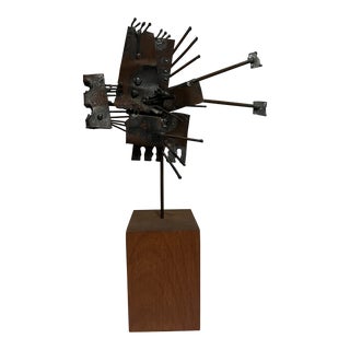 Midcentury Brutalist Steel Sculpture on Teak Base For Sale