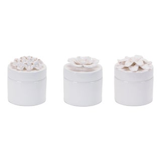 Stoneware Box with Floral Lid Accent (Set of 3) For Sale