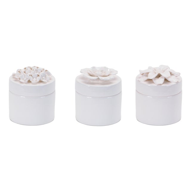Stoneware Box with Floral Lid Accent (Set of 3) For Sale