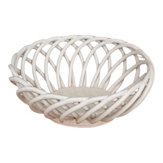 Vintage Stoneware Ceramic Pottery Lattice Fruit Bowl For Sale