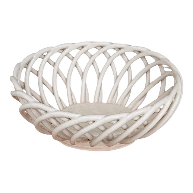 Vintage Stoneware Ceramic Pottery Lattice Fruit Bowl For Sale