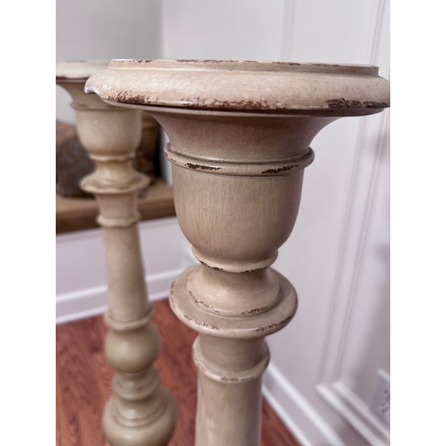 Baroque French Baroque Style Taupe Distressed Painted Solid Wood Floor Candlesticks/Plant Stands, a Pair For Sale - Image 3 of 12