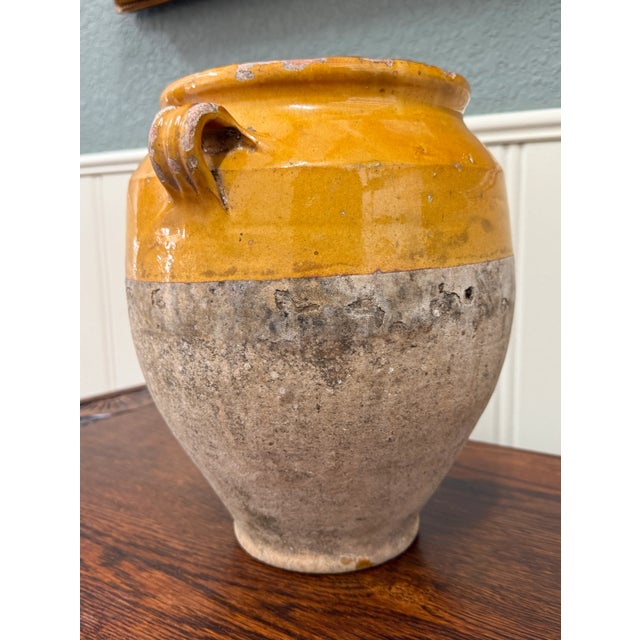 Antique French Country Confit Pot Pottery Jug Glazed Ochre Yellow Large #2 For Sale - Image 12 of 17