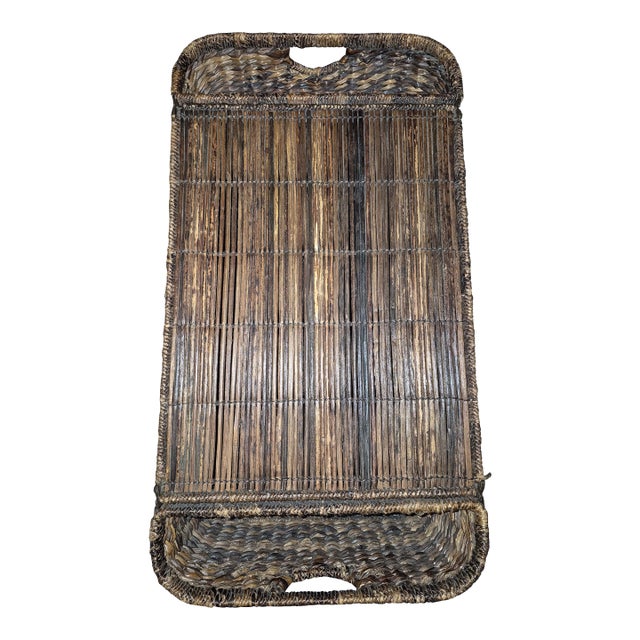 Scorched Bamboo & Woven Hyacinth Serving Tray For Sale