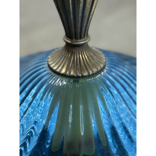 Murano Vintage Monumental Italian Hand Blown Mid-Century Blue Glass and Brass Lamps After Murano-a Pair For Sale - Image 4 of 11