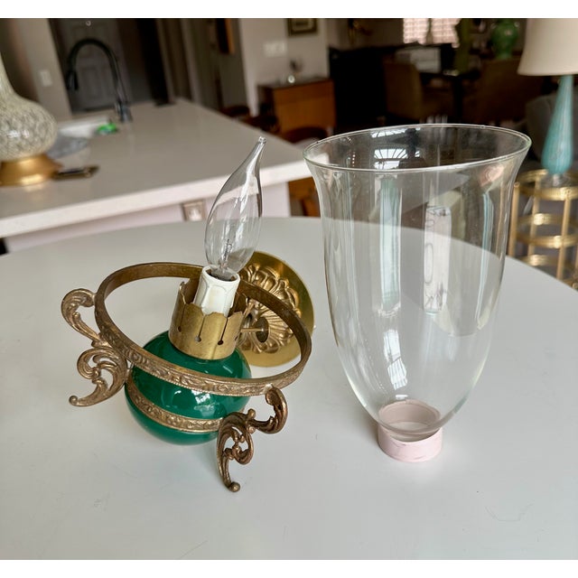 Pair Italian Green & Brass Faux Oil Lamp Wall Sconces For Sale - Image 17 of 18